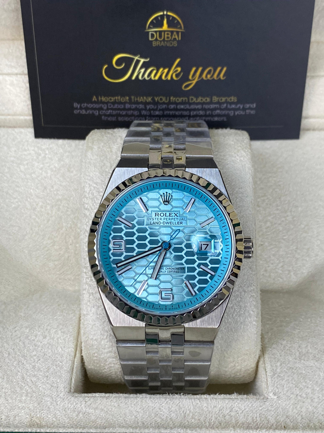 Rolex Land-Dweller – Ice Blue Honeycomb Dial – Oyster Bracelet