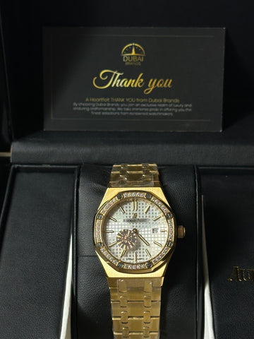 Audemars Piguet Royal Oak – Gold Tone with Diamond Bezel & White Tapisserie Dial