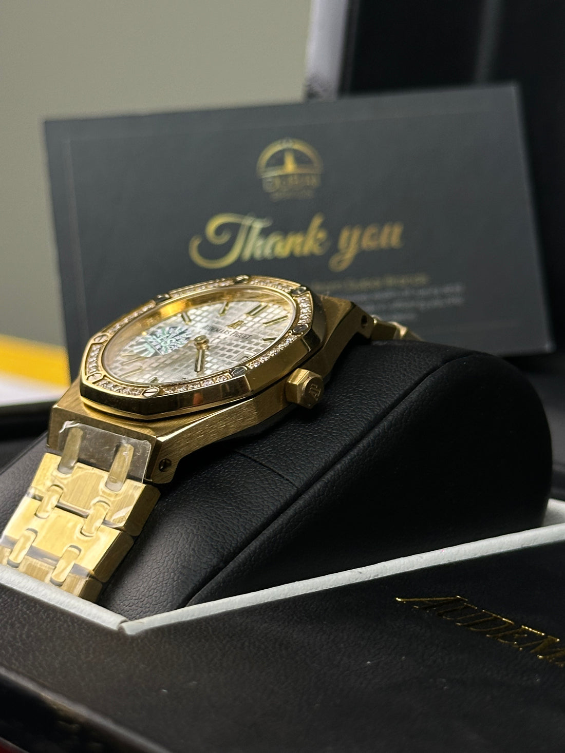 Audemars Piguet Royal Oak – Gold Tone with Diamond Bezel & White Tapisserie Dial