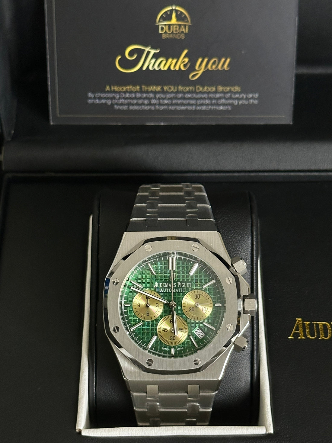 Audemars Piguet Royal Oak Chronograph – Green Dial with Gold Sub-Dials – Full Stainless Steel