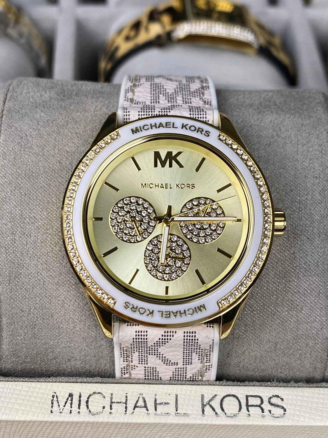 Michael Kors – Gold Dial with Crystal Subdials – White MK Logo Strap – Original