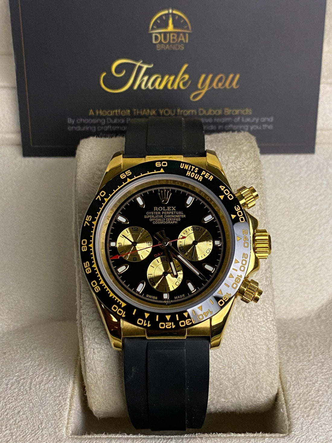 Rolex Daytona Yellow Gold – Black & Champagne Dial Rubber Strap
