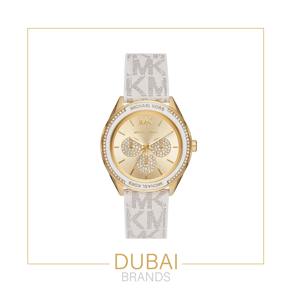 Michael Kors – Gold Dial with Crystal Subdials – White MK Logo Strap – Original