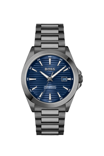 Grey-plated watch with blue ridged dial