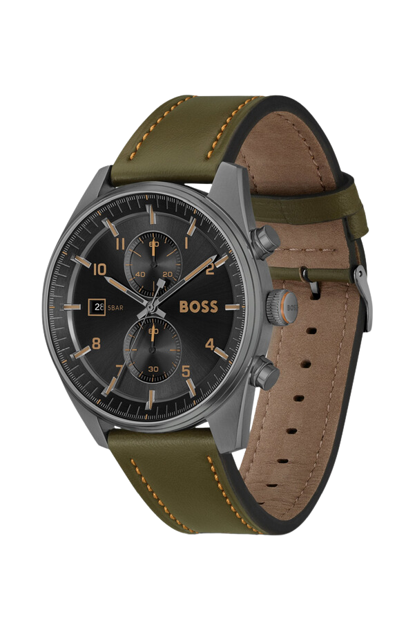 Black-dial chronograph watch with green leather strap