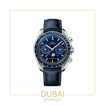 Omega Speedmaster Chronograph Large Blue Dial Moonphase Tachymeter Blue Leather Strap
