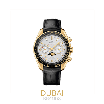 Omega Speedmaster Chronograph Large White Dial Tachymeter Gold Case Black Leather Strap