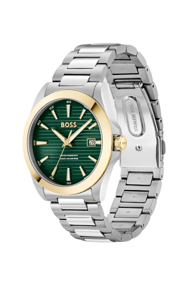 Gold- and silver-tone watch with green grooved dial