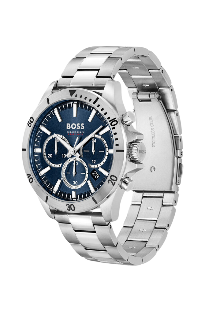 Blue-dial chronograph watch with link bracelet