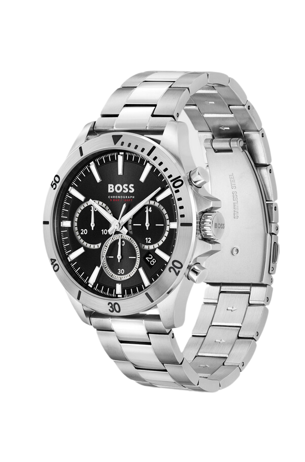 Black-dial chronograph watch with link bracelet