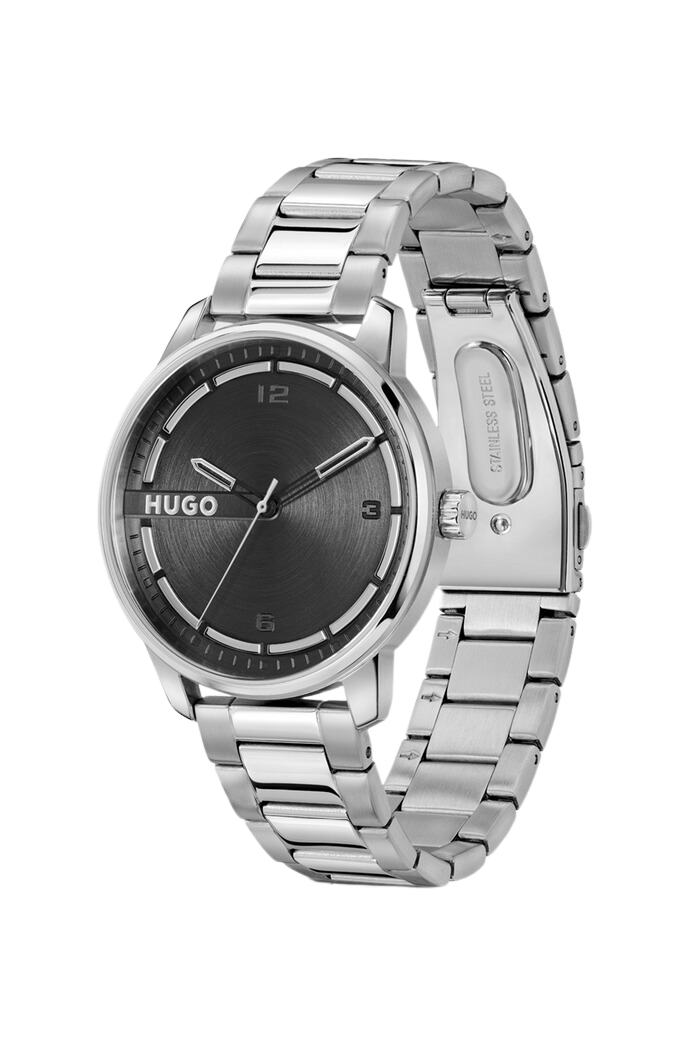 Silver-tone watch with black dial