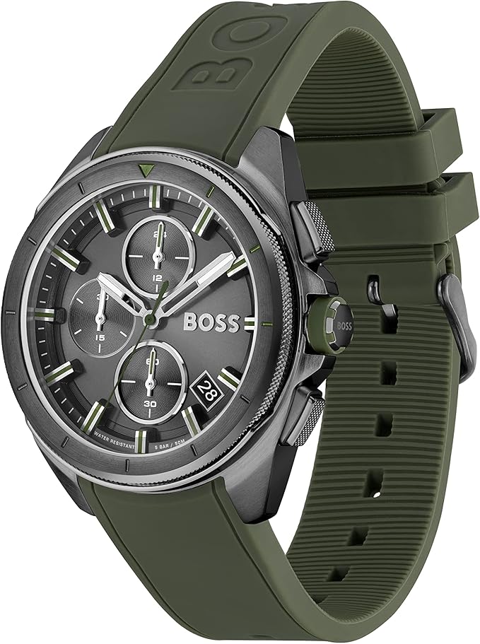 HUGO BOSS イヤフォン オリーブグリーン BOSS - ツートン クロノグラフウォッチ グリーンダイヤル - シルバー