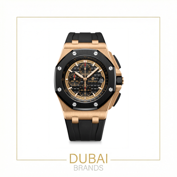 Audemars Piguet Royal Oak Offshore Chronograph 42 Rose Gold Black Dial Gold Subdials Ceramic Bezel Rubber Strap