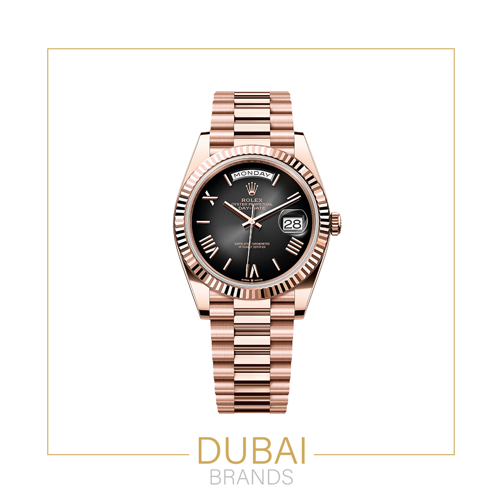 Rolex Day-Date – Dark Grey Sunburst Dial – President Bracelet – Rose Gold Tone