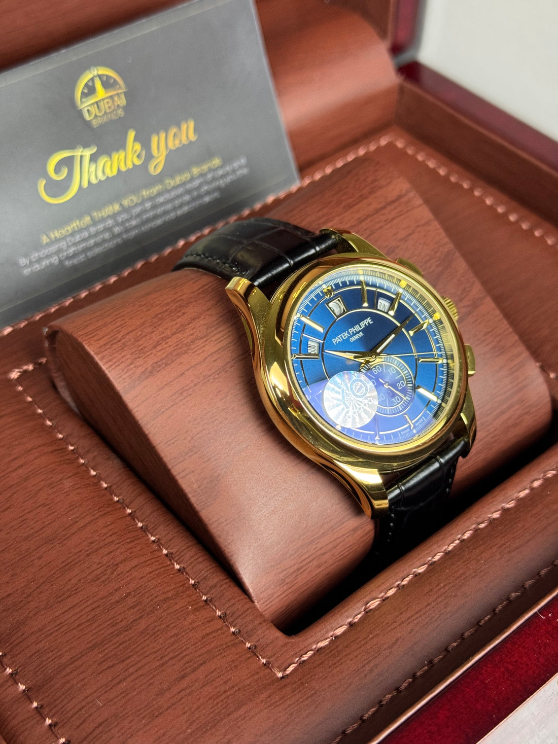 Patek Philippe Chronograph 40 Yellow Gold Blue Dial Blue Subdials Smooth Bezel Leather Strap