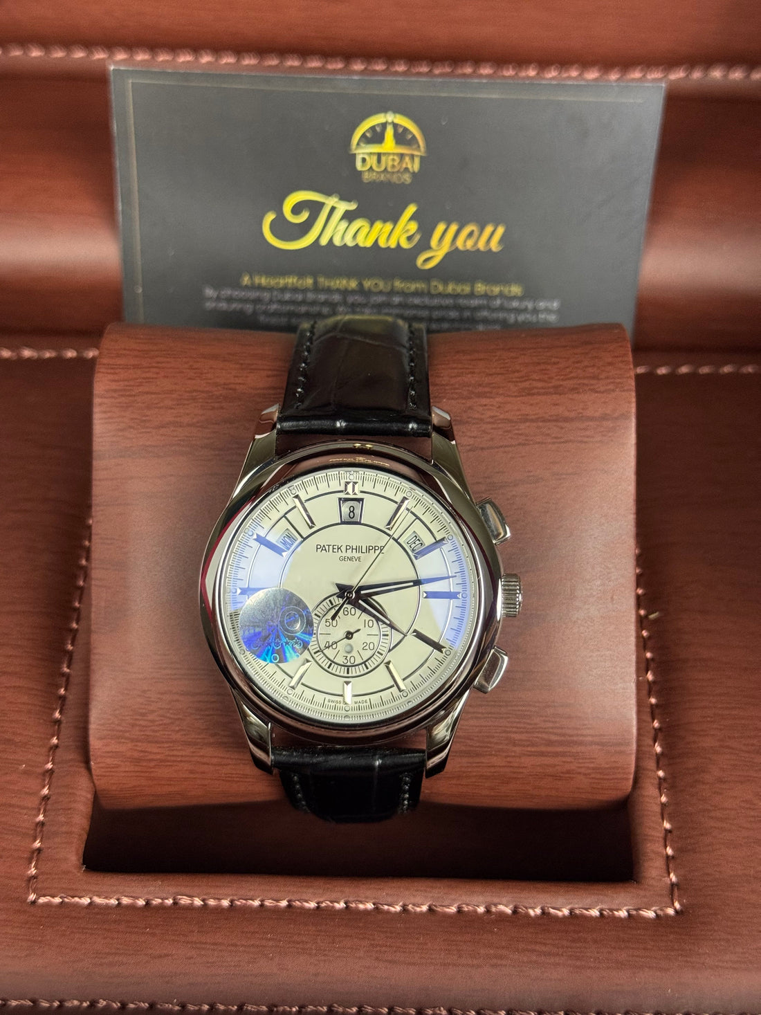Patek Philippe Chronograph 40 White Gold White Dial Smooth Bezel Leather Strap