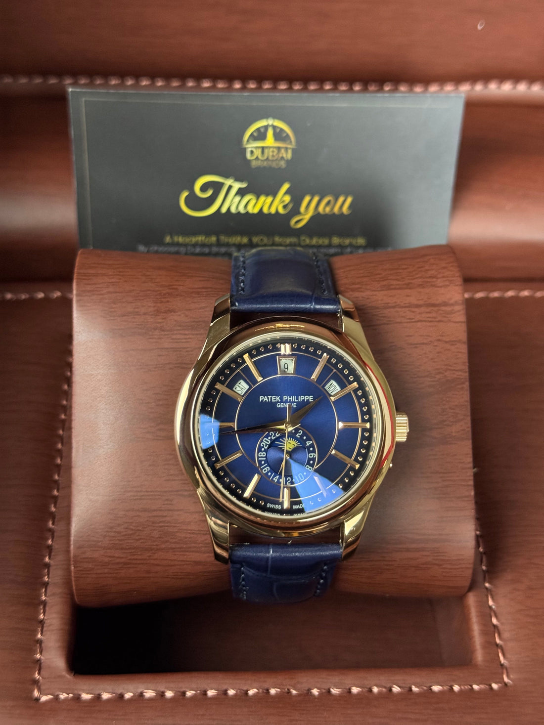 Patek Philippe Chronograph 40 Yellow Gold Blue Dial Smooth Bezel Leather Strap