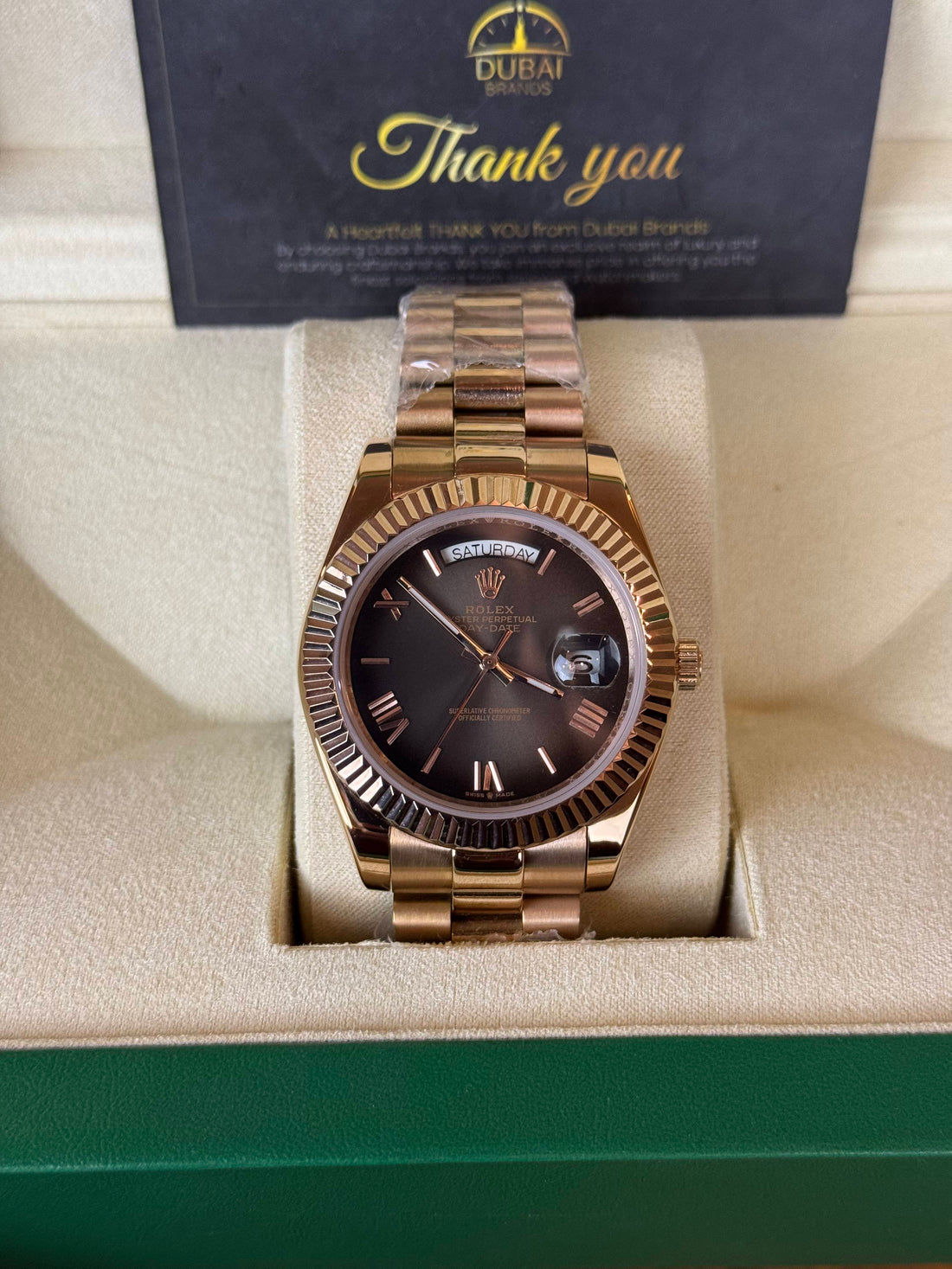 Rolex Day-Date – Dark Grey Sunburst Dial – President Bracelet – Rose Gold Tone