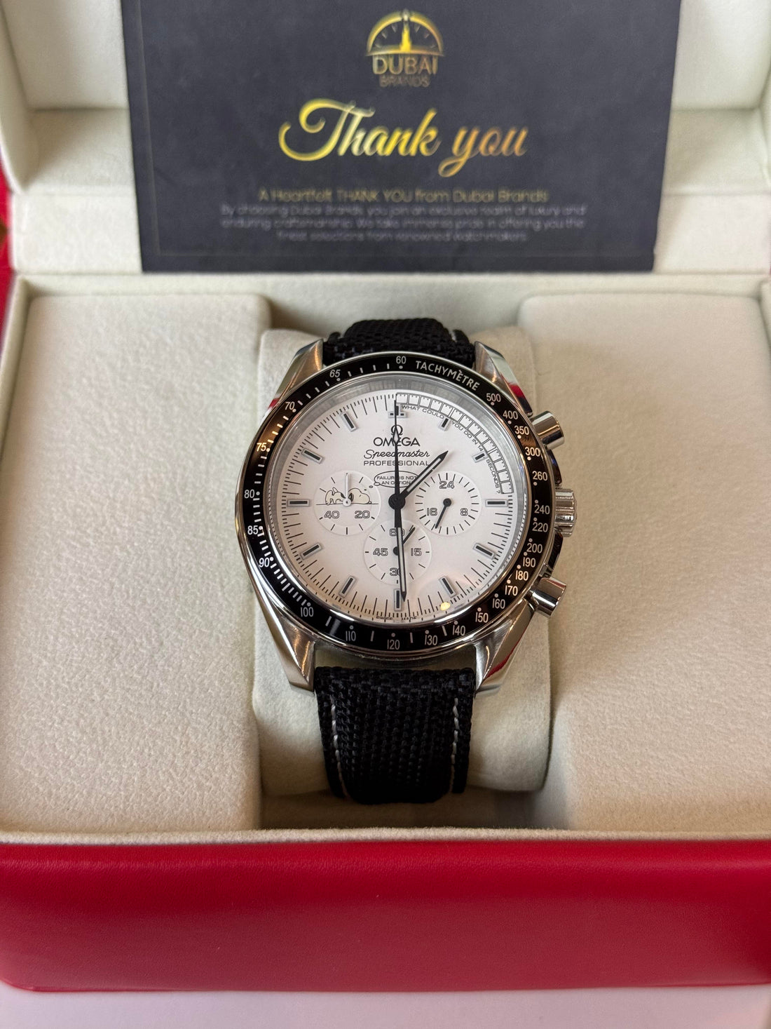 Omega Speedmaster Professional Snoopy White Dial Tachymeter Bezel Fabric Strap