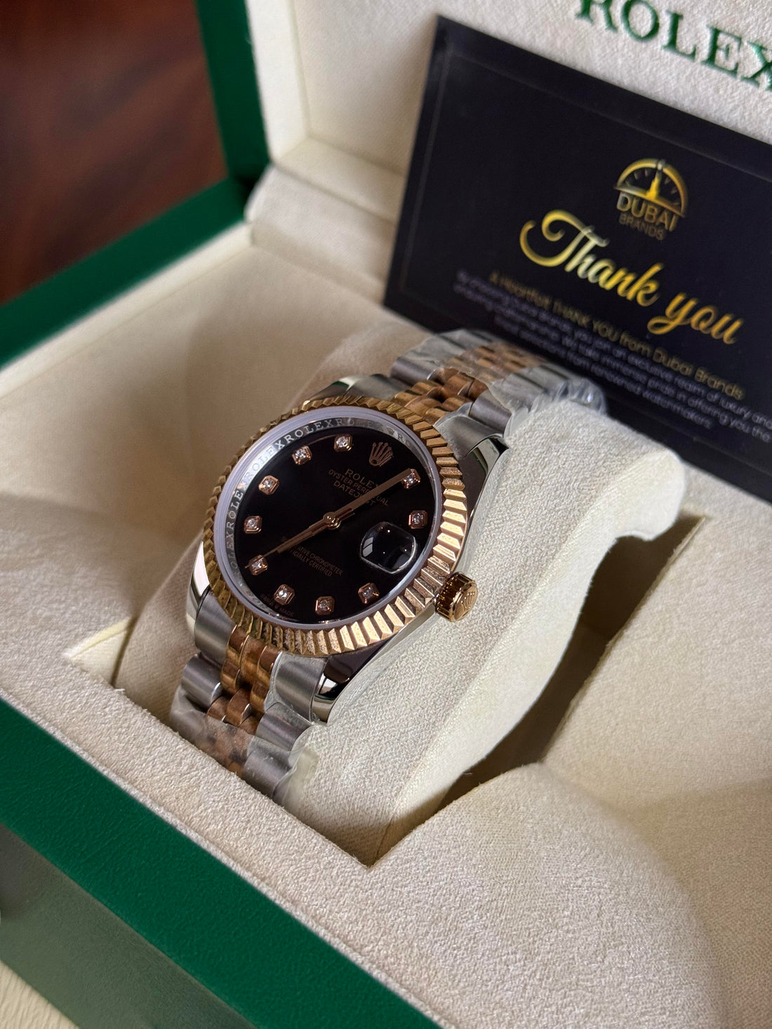 Rolex Datejust 31 Two Tone Black Dial Diamond Markers Fluted Bezel Jubilee Bracelet