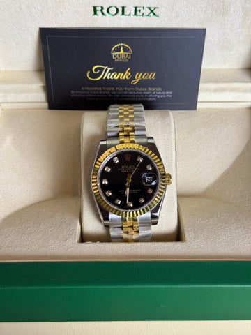 Rolex Datejust 31 Two Tone Black Dial Diamond Markers Fluted Bezel Jubilee Bracelet