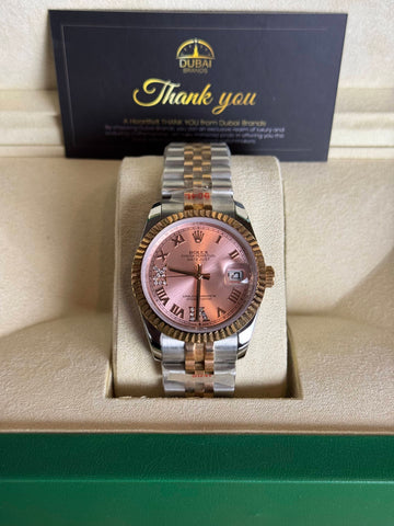 Rolex Datejust 31 Two Tone Pink Dial Roman Numerals Diamond VI Fluted Bezel Jubilee Bracelet