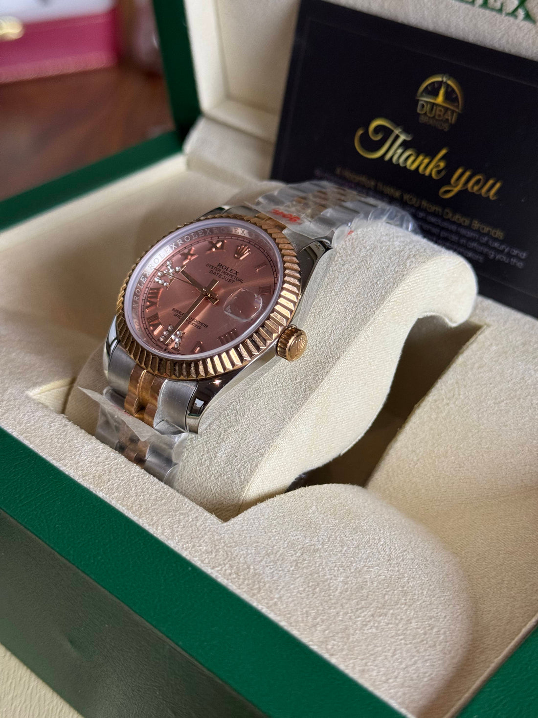 Rolex Datejust 31 Two Tone Pink Dial Roman Numerals Diamond VI Fluted Bezel Jubilee Bracelet