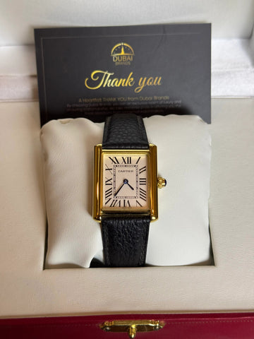 Cartier Tank Solo Medium Yellow Gold White Dial Roman Numerals Black Leather Strap