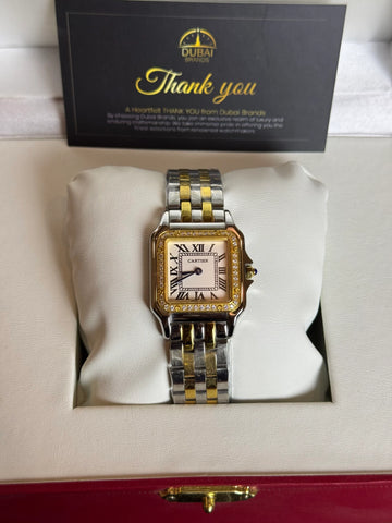 Cartier Panthère Medium Two Tone Yellow Gold Stainless Steel White Dial Roman Numerals Bracelet