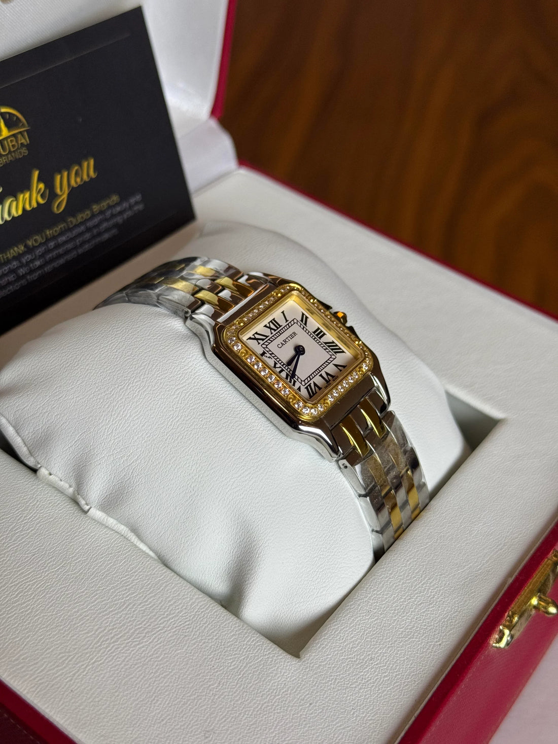 Cartier Panthère Medium Two Tone Yellow Gold Stainless Steel White Dial Roman Numerals Bracelet