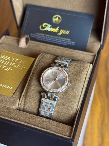 Michael Kors Style Petite Rose Gold Sunburst Dial Diamond Bezel Stainless Steel Bracelet Quartz