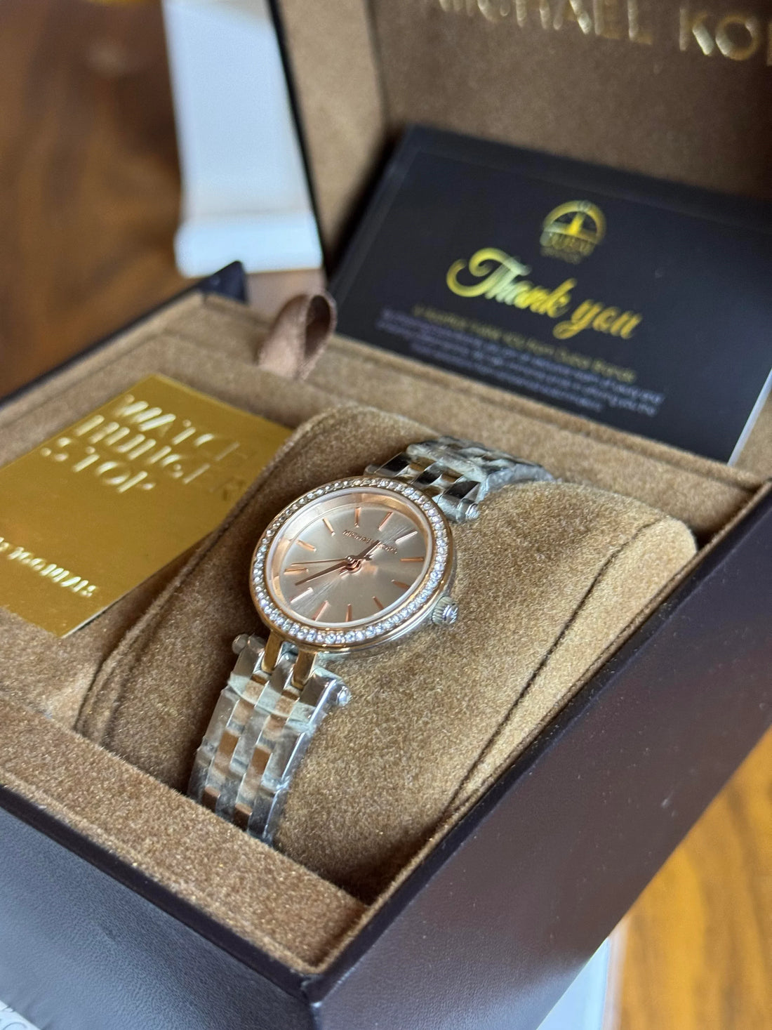 Michael Kors Style Petite Rose Gold Sunburst Dial Diamond Bezel Stainless Steel Bracelet Quartz