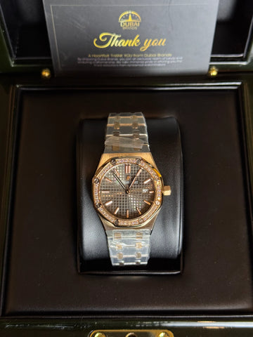 Audemars Piguet Royal Oak Style Grey Tapisserie Diamond Bezel Rose Gold Automatic