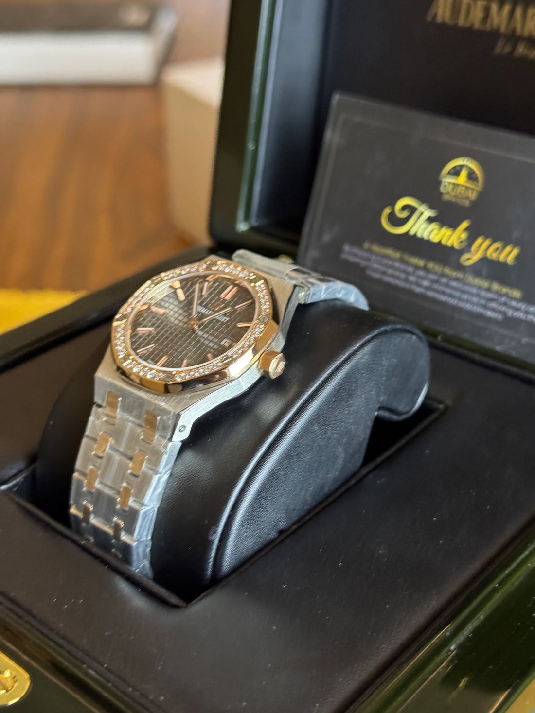 Audemars Piguet Royal Oak Style Grey Tapisserie Diamond Bezel Rose Gold Automatic