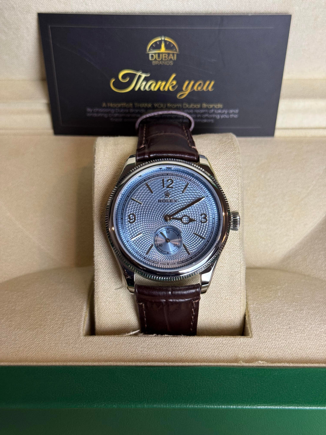 Rolex Cellini 39 Stainless Steel Ice Blue Dial Smooth Leather