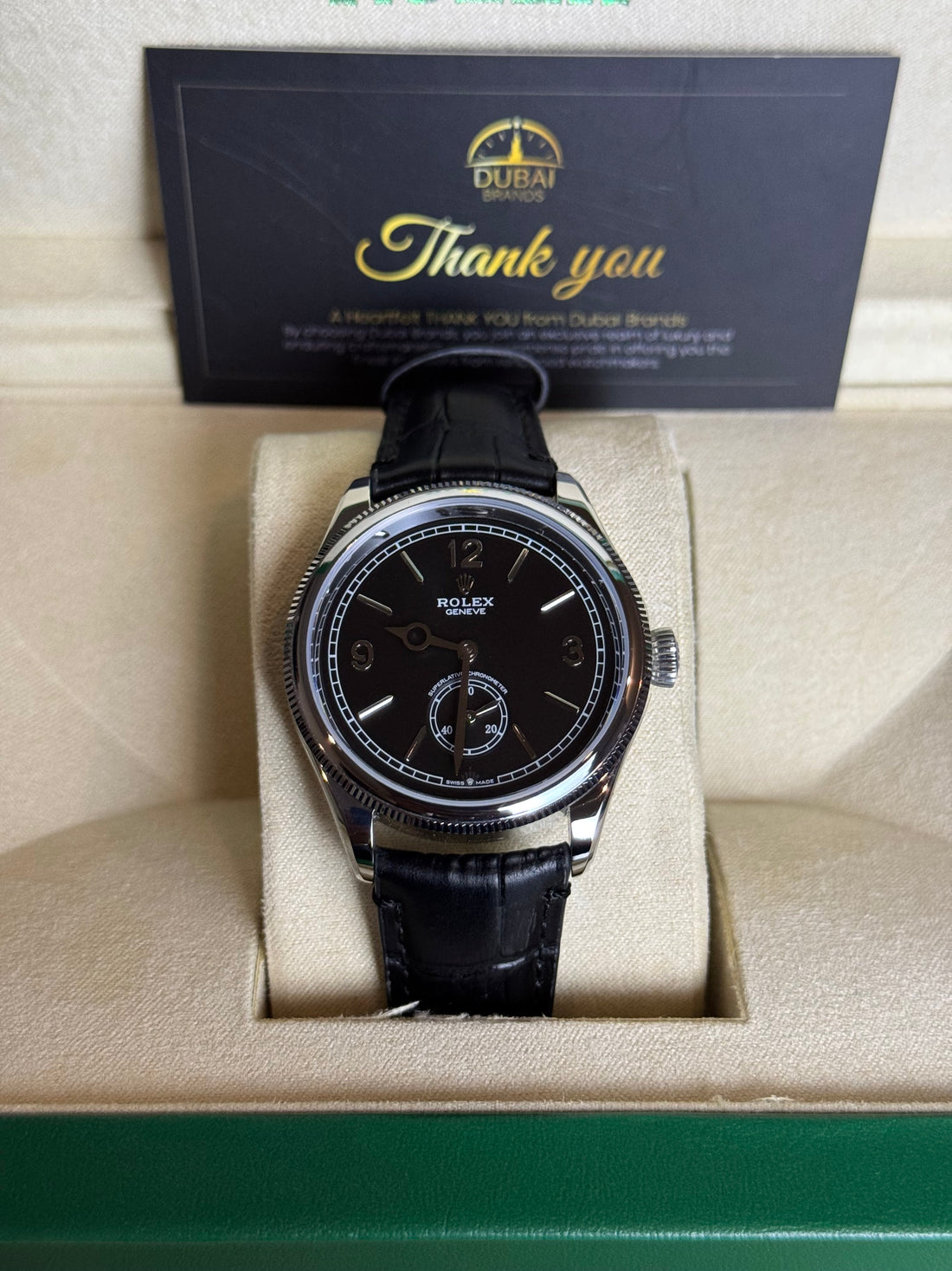Rolex 1908 39 Stainless Steel Black Dial Smooth Leather
