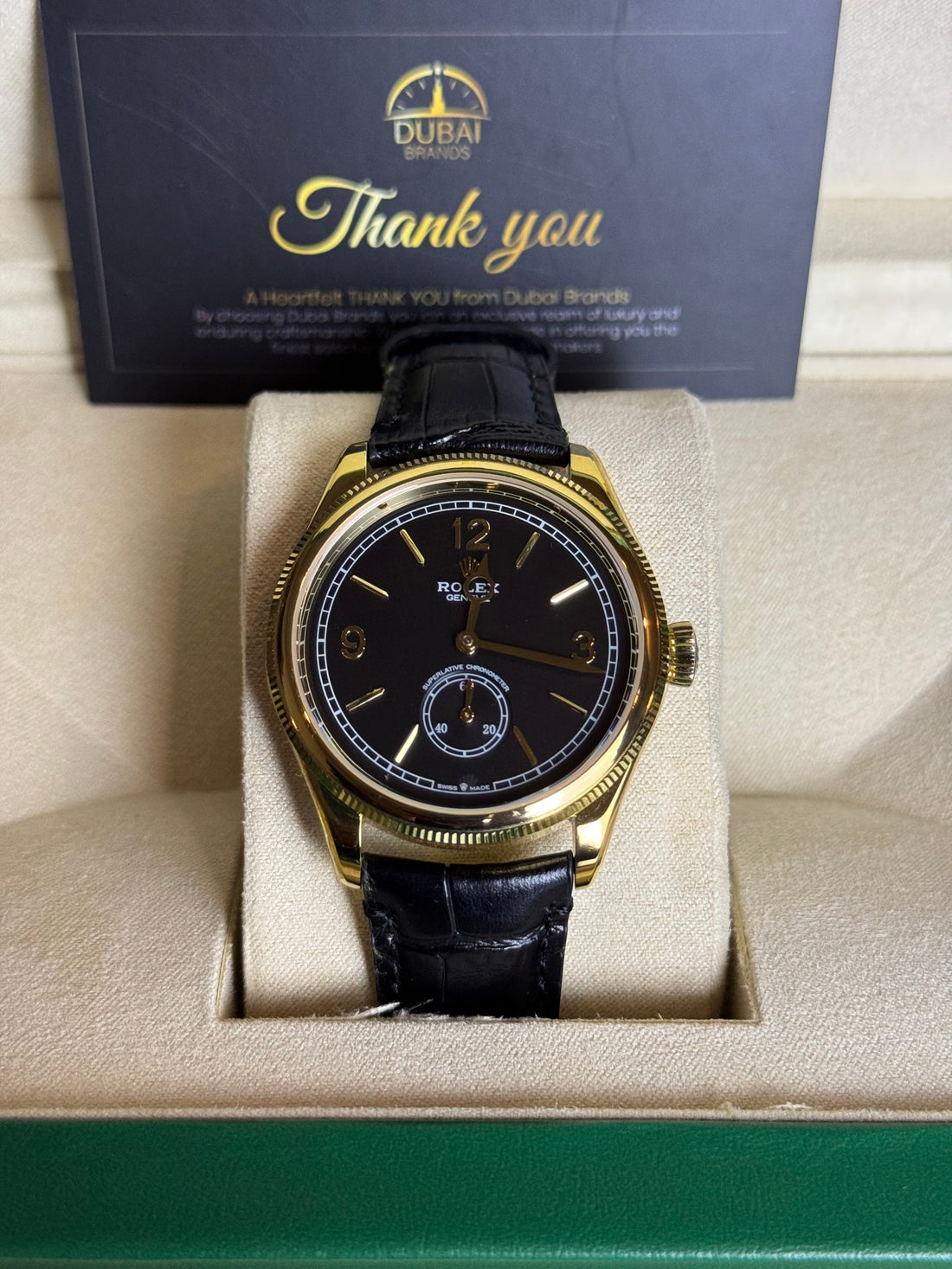 Rolex 1908 39 Yellow Gold Black Dial Smooth Leather