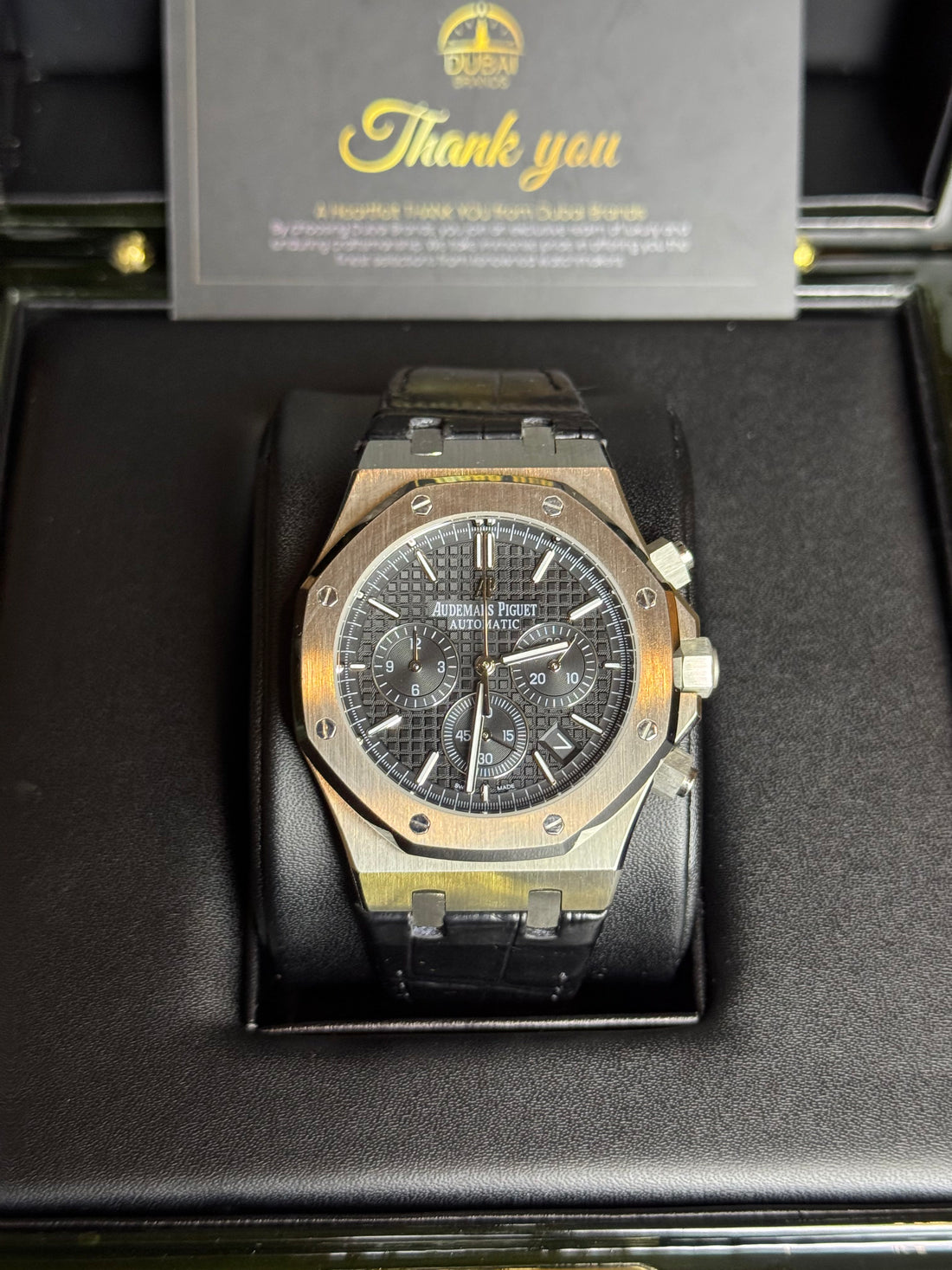 Audemars Piguet Royal Oak Chronograph 41 Stainless Steel Black Dial Black Subdials Smooth Bezel Leather Strap