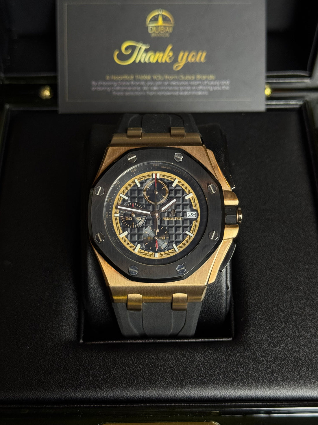 Audemars Piguet Royal Oak Offshore Chronograph 42 Rose Gold Black Dial Gold Subdials Ceramic Bezel Rubber Strap