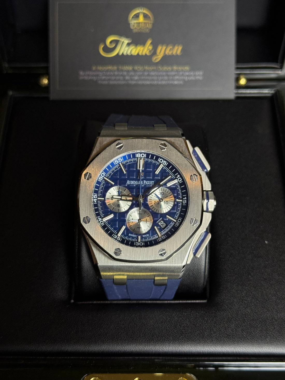 Audemars Piguet Royal Oak Offshore Chronograph 42 Stainless Steel Blue Dial White Subdials Tachymeter Bezel Rubber Strap