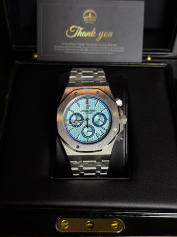 Audemars Piguet Royal Oak Chronograph 41 Stainless Steel Ice Blue Dial Blue Subdials Smooth Bezel Bracelet