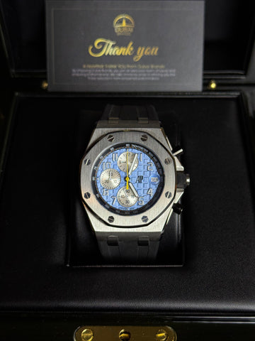 Audemars Piguet Royal Oak Offshore Chronograph 42 Stainless Steel Ice Blue Dial White Subdials Tachymeter Bezel Rubber Strap