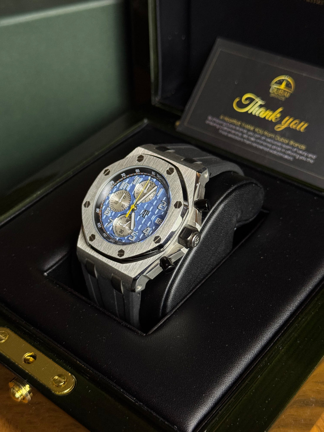 Audemars Piguet Royal Oak Offshore Chronograph 42 Stainless Steel Ice Blue Dial White Subdials Tachymeter Bezel Rubber Strap