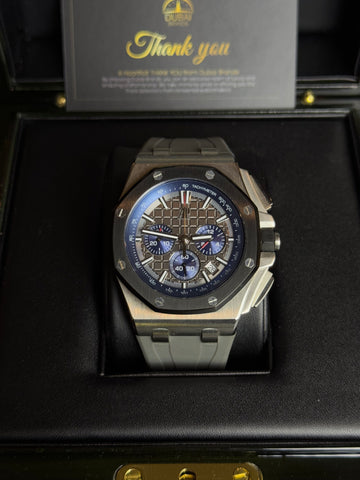 Audemars Piguet Royal Oak Offshore Chronograph 42 Stainless Steel Grey Dial Blue Subdials Tachymeter Bezel Rubber Strap
