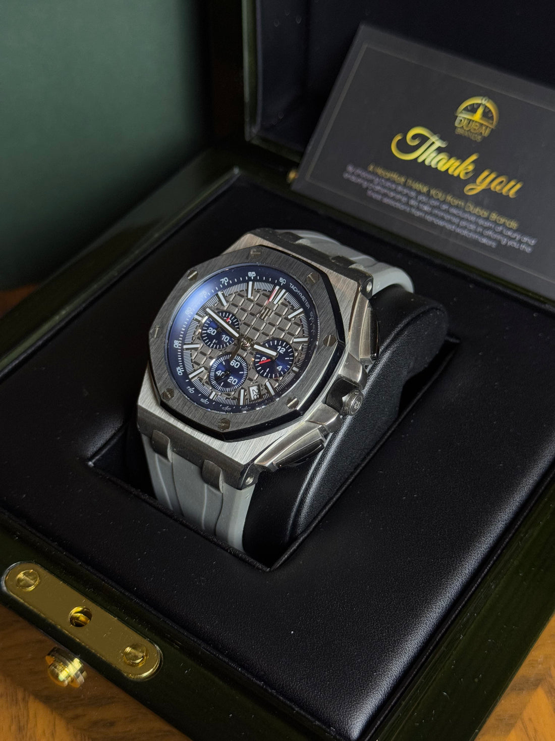 Audemars Piguet Royal Oak Offshore Chronograph 42 Stainless Steel Grey Dial Blue Subdials Tachymeter Bezel Rubber Strap