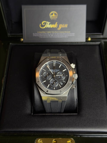 Audemars Piguet Royal Oak Chronograph 41 Stainless Steel Black Dial Black Subdials Smooth Bezel Rubber Strap