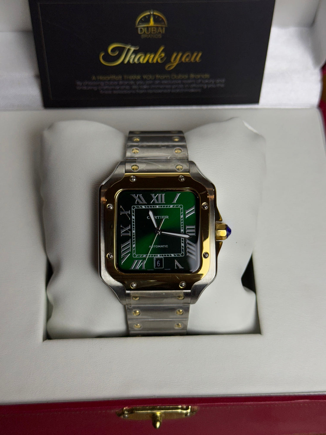 Cartier Santos Large Two-Tone Steel & Yellow Gold Green Dial Automatic Screw Bezel Steel Bracelet