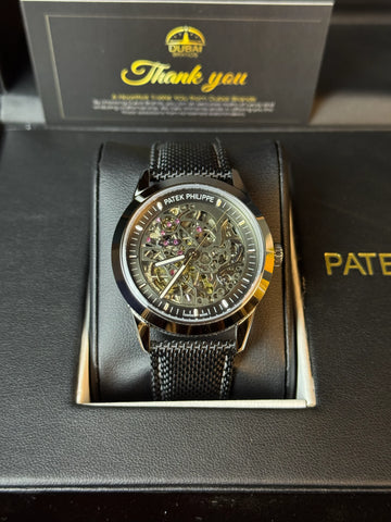Patek Philippe Style Skeleton Dial Black Case Black Mesh Strap
