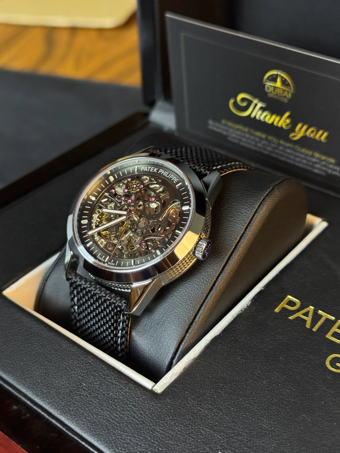 Patek Philippe Style Skeleton Dial Black Case Black Mesh Strap