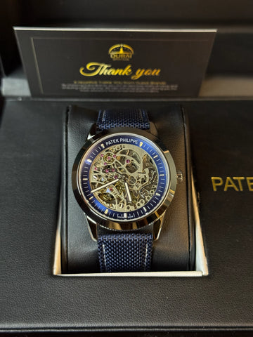 Patek Philippe Style Skeleton Dial Blue Chapter Ring Black Case Blue Mesh Strap